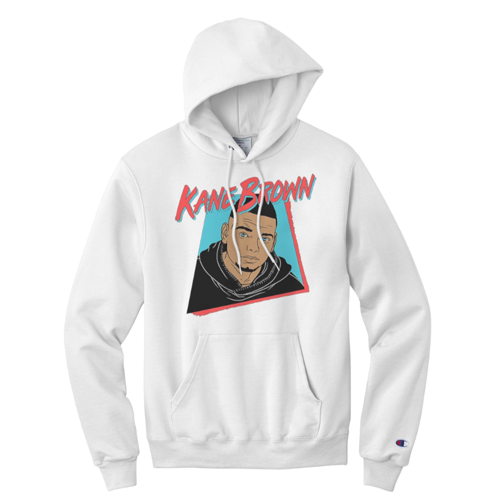 White hoodie with a graphic print of a person's face and the text 'Kane Brown' on the front.