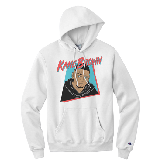 White hoodie with a graphic print of a person's face and the text 'Kane Brown' on the front.